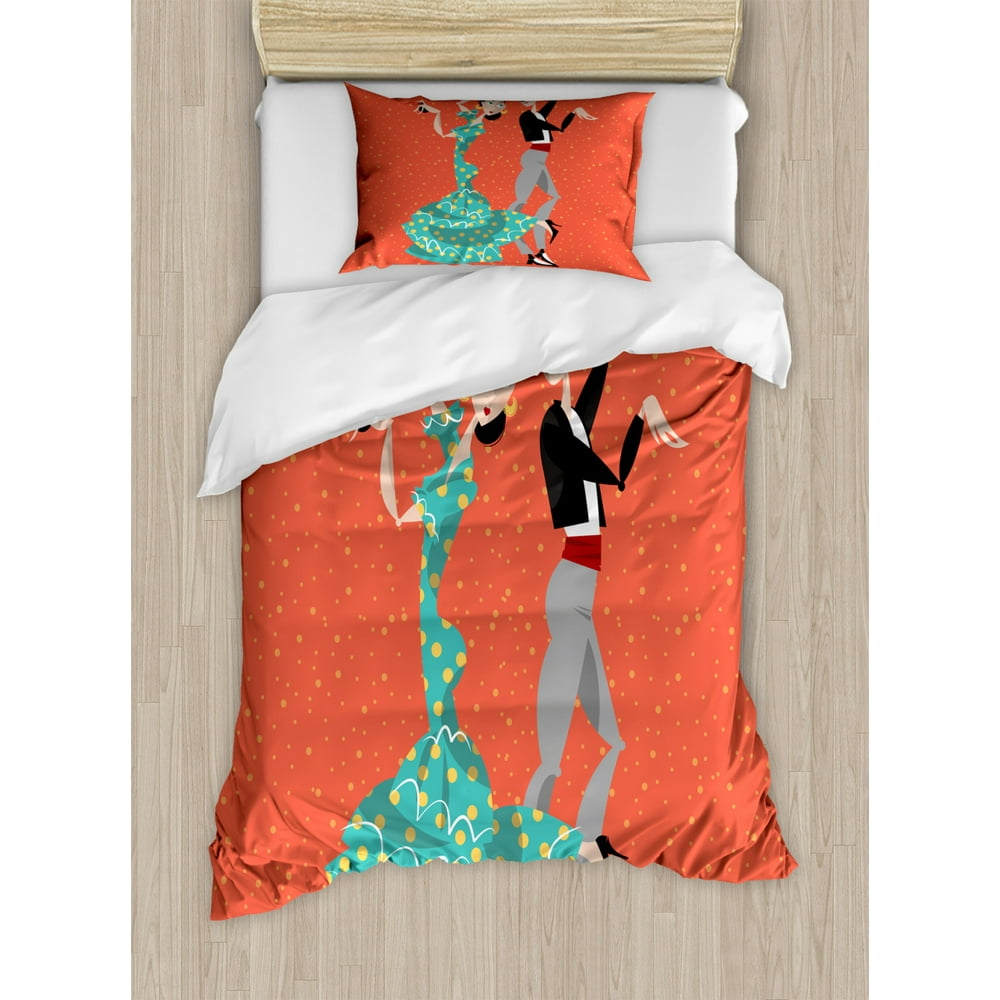 Spanish Duvet Cover Set Twin Size, Ethnic Flamenco Dancers Couple