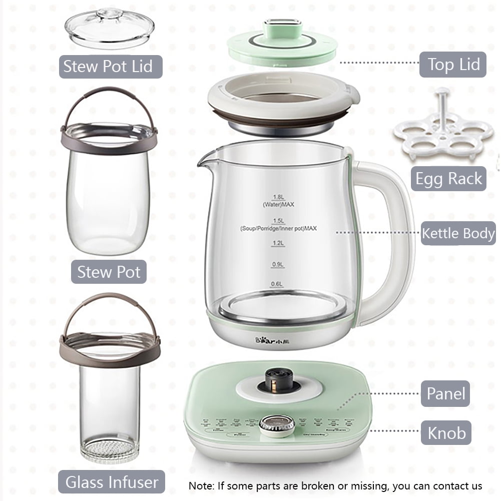 Bear Glass and Stainless Steel Electric Tea Kettle with Lift-out Tea Basket  1.8L-YSH-D18L5 Cream color 