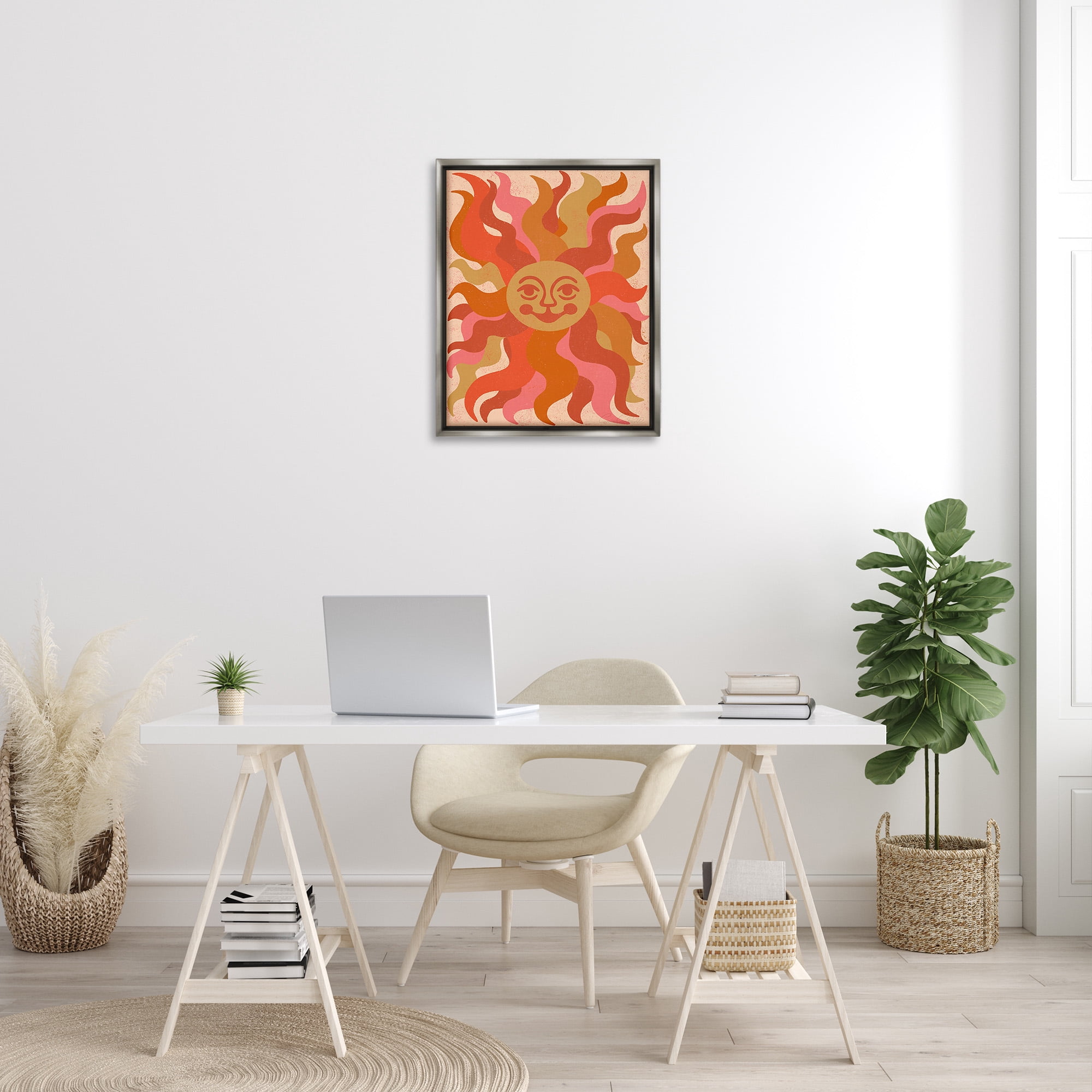 Stupell Industries Celestial Smiling Sun Landscape Painting Gray Floater Framed Canvas Art Print Wall Art, 25 x 31