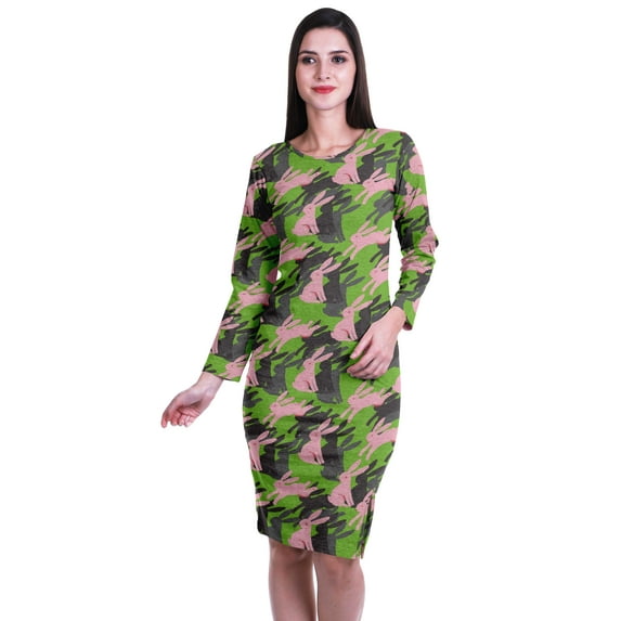 Moomaya Printed Full Sleeve Bodycon Dress for Women Scoop Neck Side Slit Casual Clothing