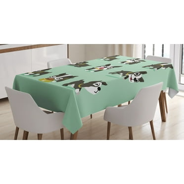 Ambesonne Boston Terrier Tablecloth Rectangular Table Cover, Playful Cartoon Dog, 52"x70", Charcoal Grey Mint Green