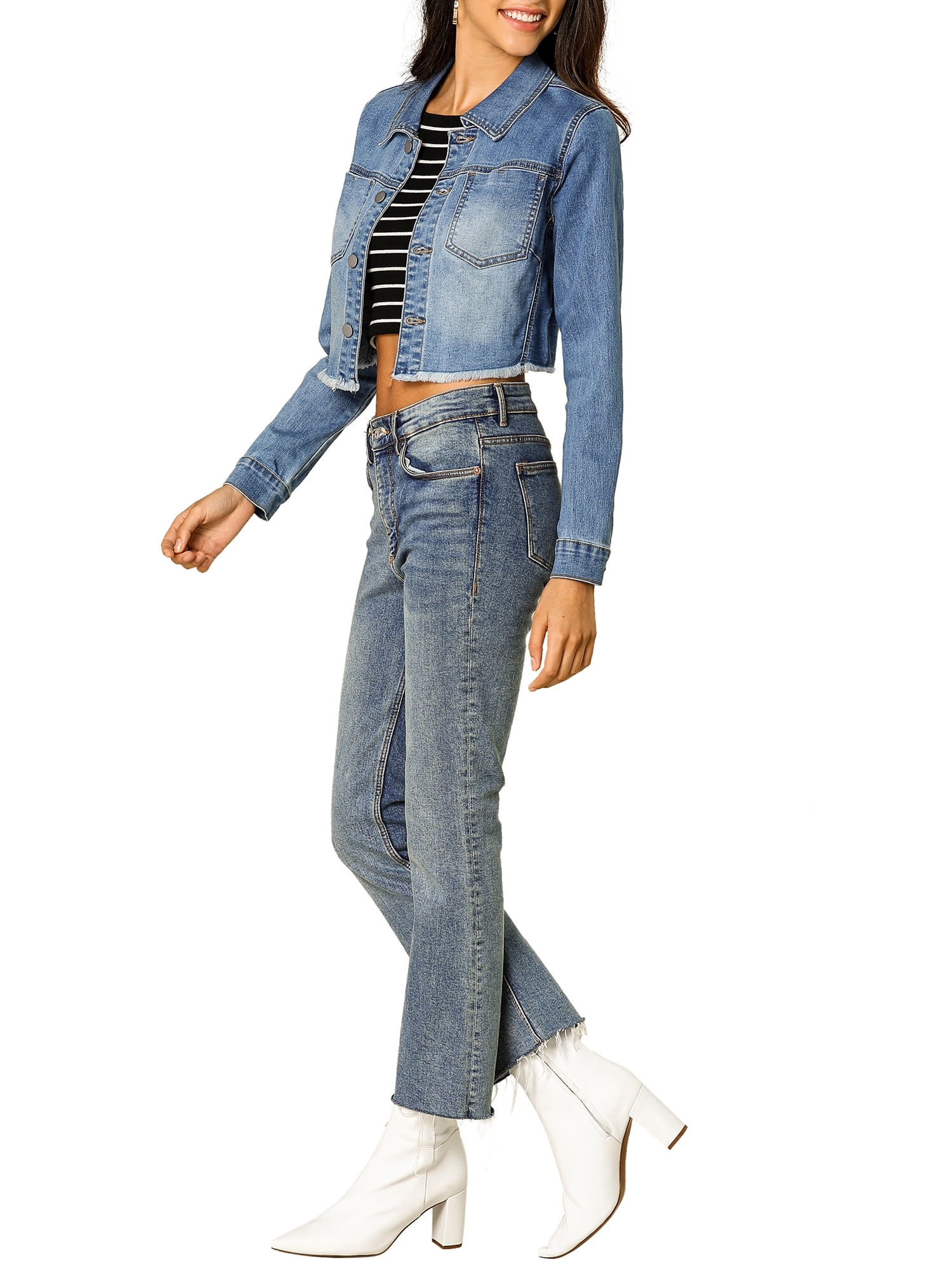 DARING DIVA Women's Frayed Button Up Washed Cropped Denim Jackets M Light Blue