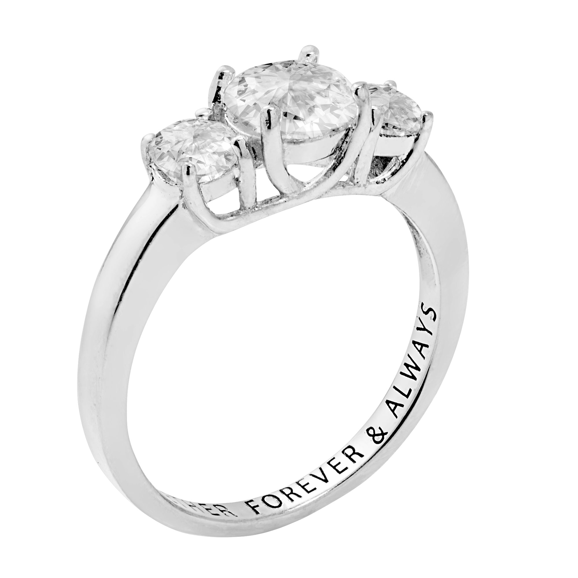Vow & Forever Personalized Planet Bridal Platinum over Sterling Silver Brilliant White Topaz Three Stone Engraved Wedding Ring ,Women's