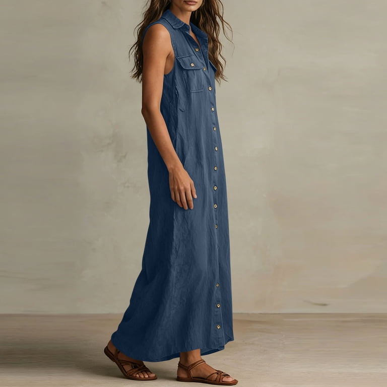 navy blue vacation dress Lenago Vacation Dress Women's Solid Color Button-Front Sleeveless Maxi Dress With Collar And Multi Pockets Navy M, Size: Medium, Blue