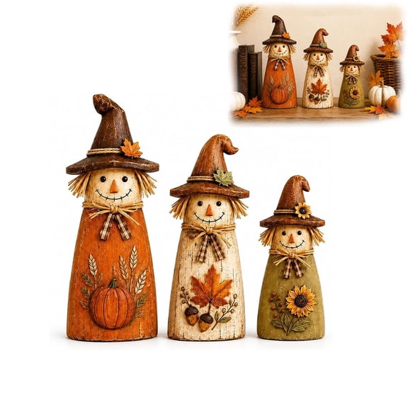 MUTRAIN 3 Pcs Rustic Scarecrow Statues, Maple Leaf Pumpkin Wood Figures Multicolor, Primitive Fall Decoration, for Harvest Hosts, Thanksgiving Mantel