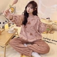 thumbnail image 4 of Conjunto de pijama de cuello redondo de franela gruesa dulce y linda de polar coral para mujer para otoño e invierno, 4 of 6