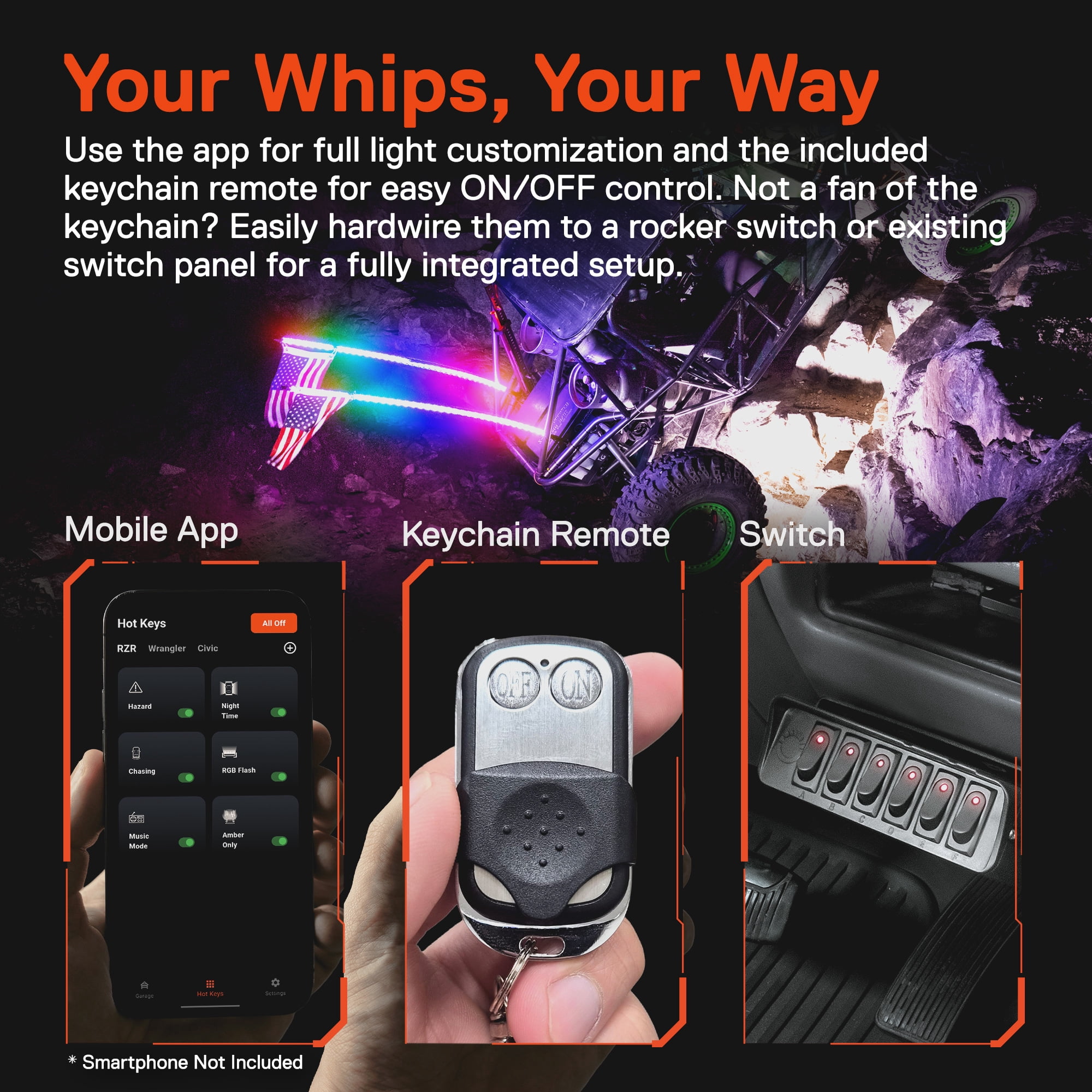 TRUE MODS 2pc 4ft Spiral RGB LED Whip Light for UTV ATV [Bluetooth App] Off Road Waterproof LED Lighted Whip CB Antenna Pole Stick for RZR Can-Am Polaris SxS 4x4 Quad Dune Buggy 4 Wheeler Accessories
