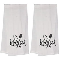 Let’s eat with Spoon and Fork. Two Pcs Funny Flour Sack Kitchen Towels Soft and Absorbent Size: 16 X 28 Inches.