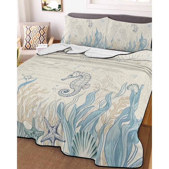 Blue Seahorse Coastal King Size Down Alternative Comforter,Lightweight Comforter Quilt Bedding Set with Pillow Shams Summer Beach Nautical Ocean Coral Vintage Bed Comforter Duvet Insert 96"x106"