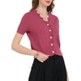 thumbnail image 4 of Suéteres de punto cortos de manga corta con cuello en V para mujeres Inspire Chic, color fucsia, talla S, 4 of 5