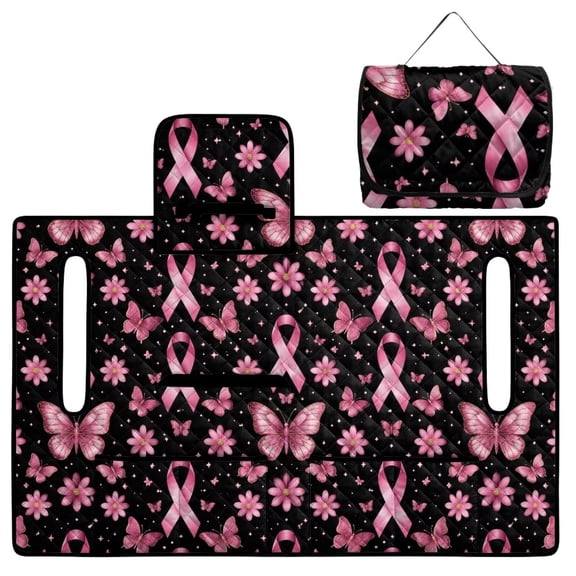 COEQINE Quilted Golf Cart Seat Cover, Folds Like a Bag with Handle, Universal Fit Breast Cancer Awareness Decor for EZGO Yamaha Club Car 2-Seaters, 4 Pockets, Pink Ribbon Butterfly Flower