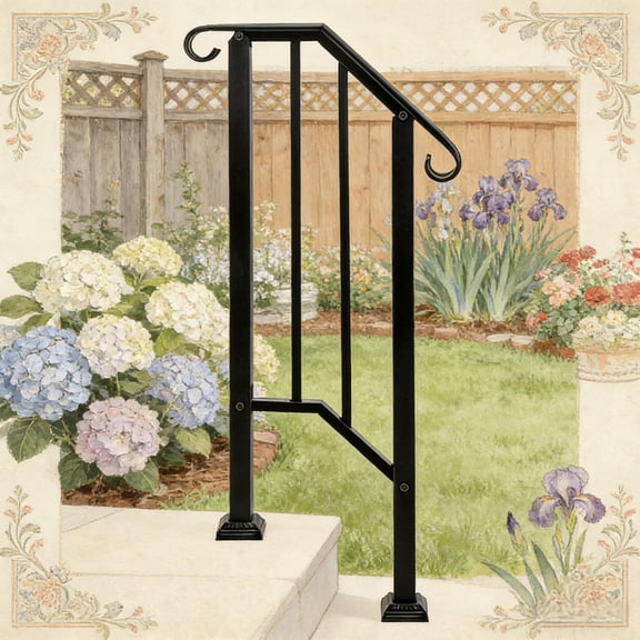 Ktaxon Outdoor 1-2 Step Wrought Iron Picket Handrail Black
