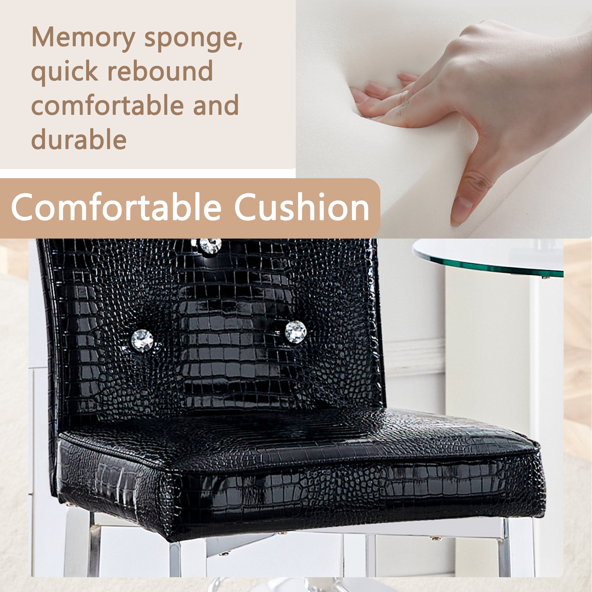 Alvantor Bar Stools Set of 2 Vintage Leather Bar Stools with Crystal Clasp Counter Stool Chairs for Kitchen Island Black