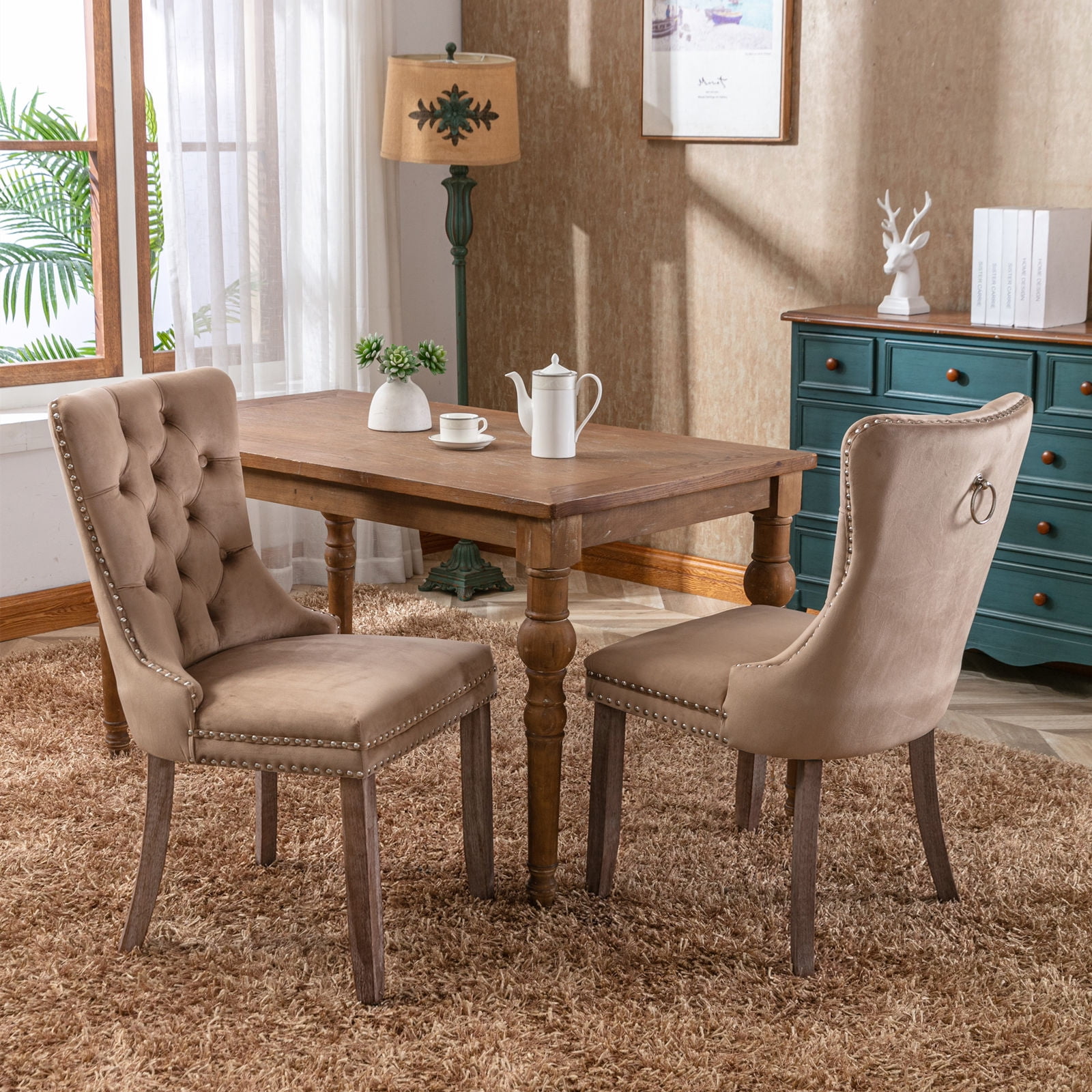 Gewnee 2 Piece Sets Modern High-end Tufted Solid Wood Khaki Velvet Upholstered Dining Chair with Wood Legs Nailhead Trim