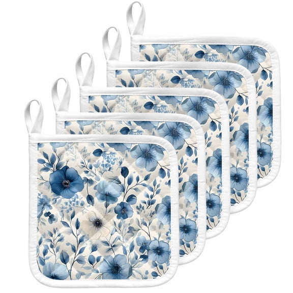 Blue Flower Pot Holders for Kitchen Heatproof Potholder, 5 Pack Spring Cottagecore Blooms Botanica Floral Hot Pads Multipurpose Oven Pads Cloth Potholders Trivet for Cooking Baking