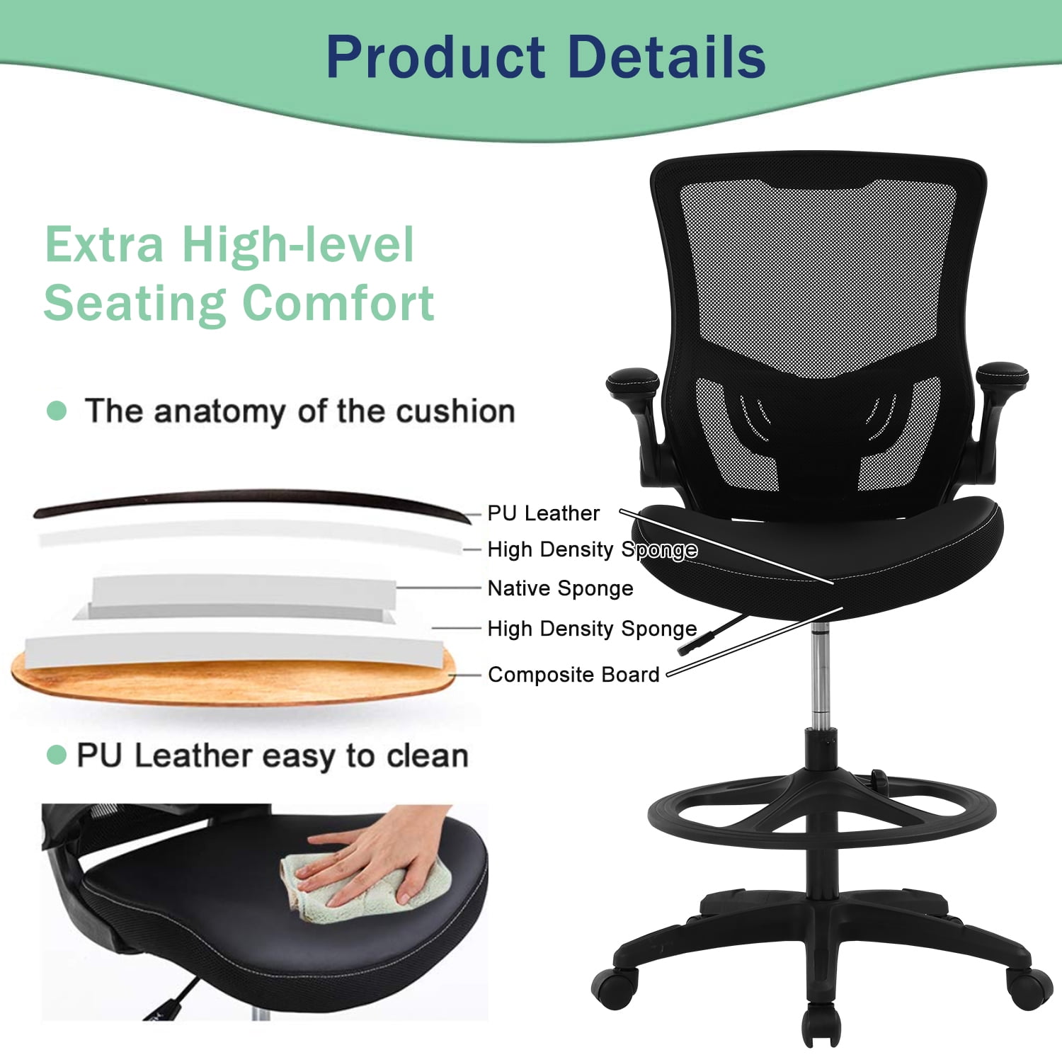 NiamVelo Drafting Chair  Tall Office Chair with Lumbar Support Footrest Ring Flip up Arms for Standing Desk, Swivel Rolling Mesh Chair Height Adjustable  Desk  Chair, Black