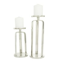 CosmoLiving by Cosmopolitan 2 Candle Silver Aluminum Metal Geometric Pillar Candle Holder, Set of 2