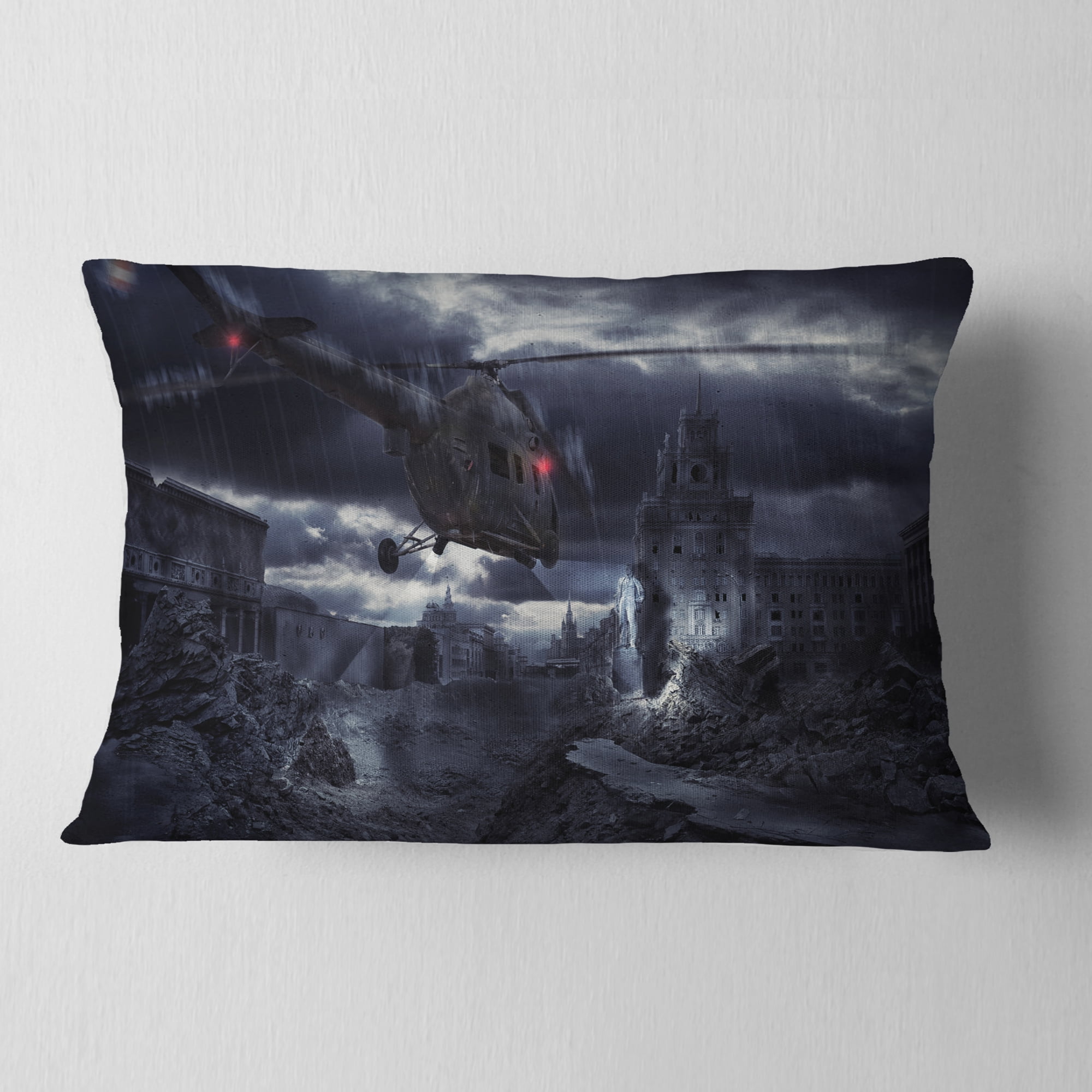 Designart Helicopter over Storm Ruined City - Photography Throw Pillow - 12x20
