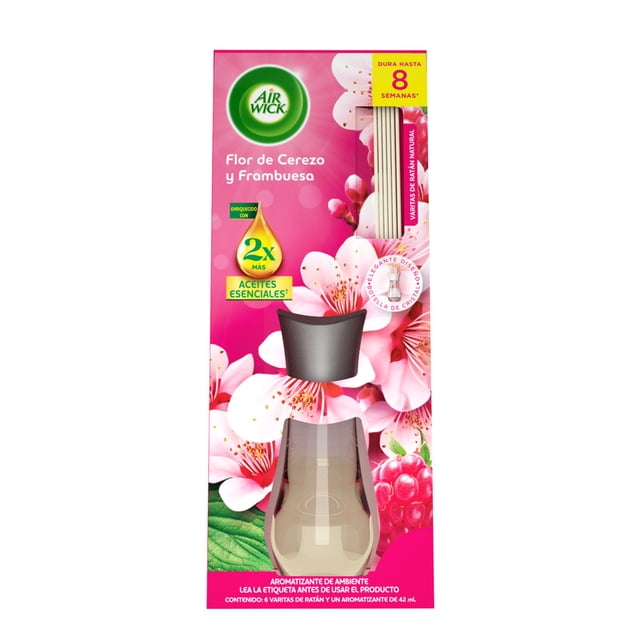 Aromatizante de ambiente, Air Wick®, Reed Diffuser, aromatizante con 6 varitas de ratán, Flor de Cerezo y Frambuesa 42 mL
