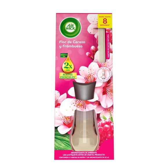 Aromatizante de ambiente, Air Wick®, Reed Diffuser, aromatizante con 6 varitas de ratán, Flor de Cerezo y Frambuesa 42 mL