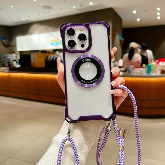 Allytech Clear Case for iPhone 16, Compatible with MagSafe, Four Corners Drop Protection, Shockproof Anti-Scratch Slim Case with Shoulder Strap for iPhone 16 - Purple