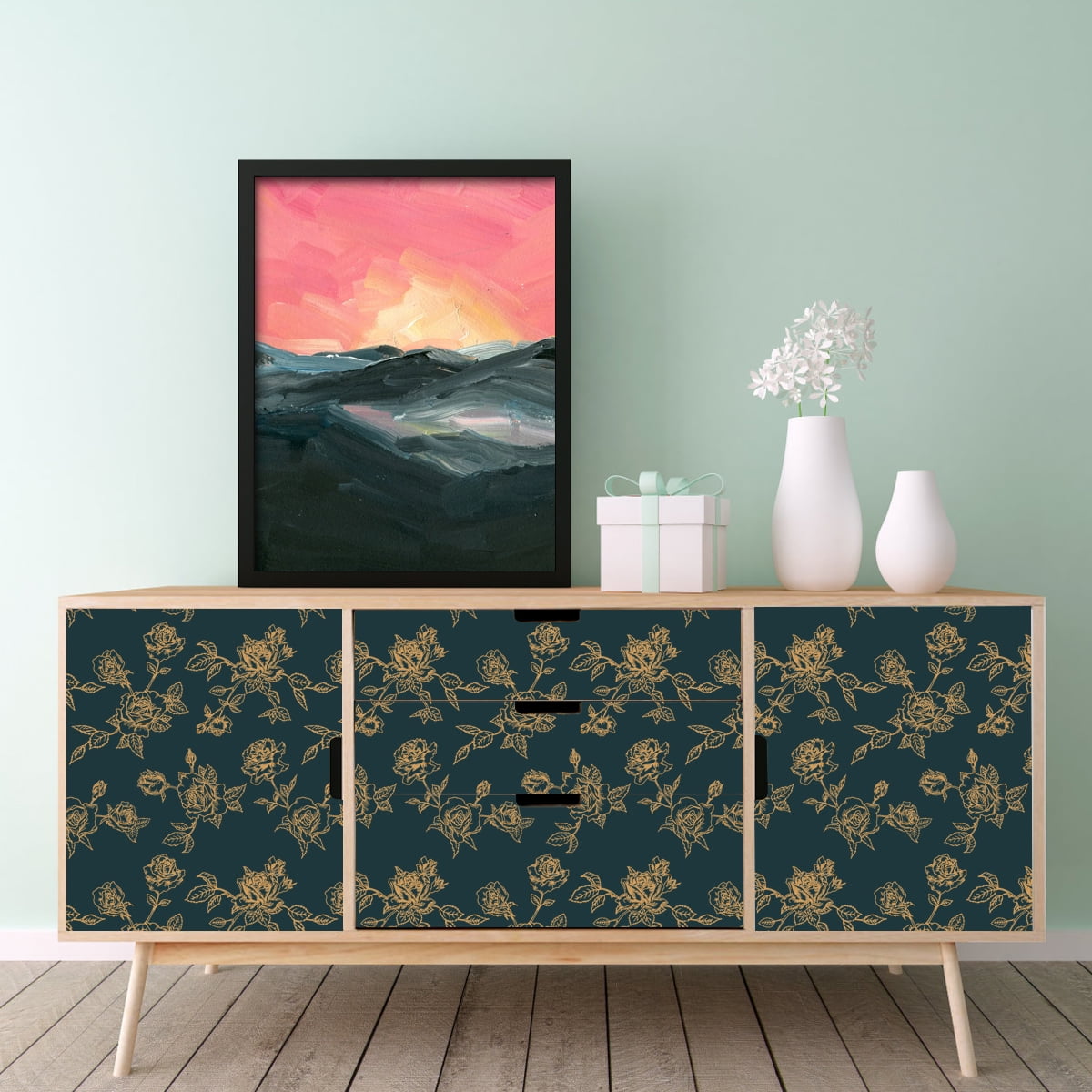 Arthome Blue Gold Flower-1, Peel & Stick Wallpaper 17"×120"