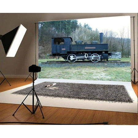 Image of HelloDecor 7x5ft Ruined Train Backdrop Vintage Railroad Tracks Forest Trees Grass Field Rustic Nature Photography Background Kids Children Adults Photo Studio Props