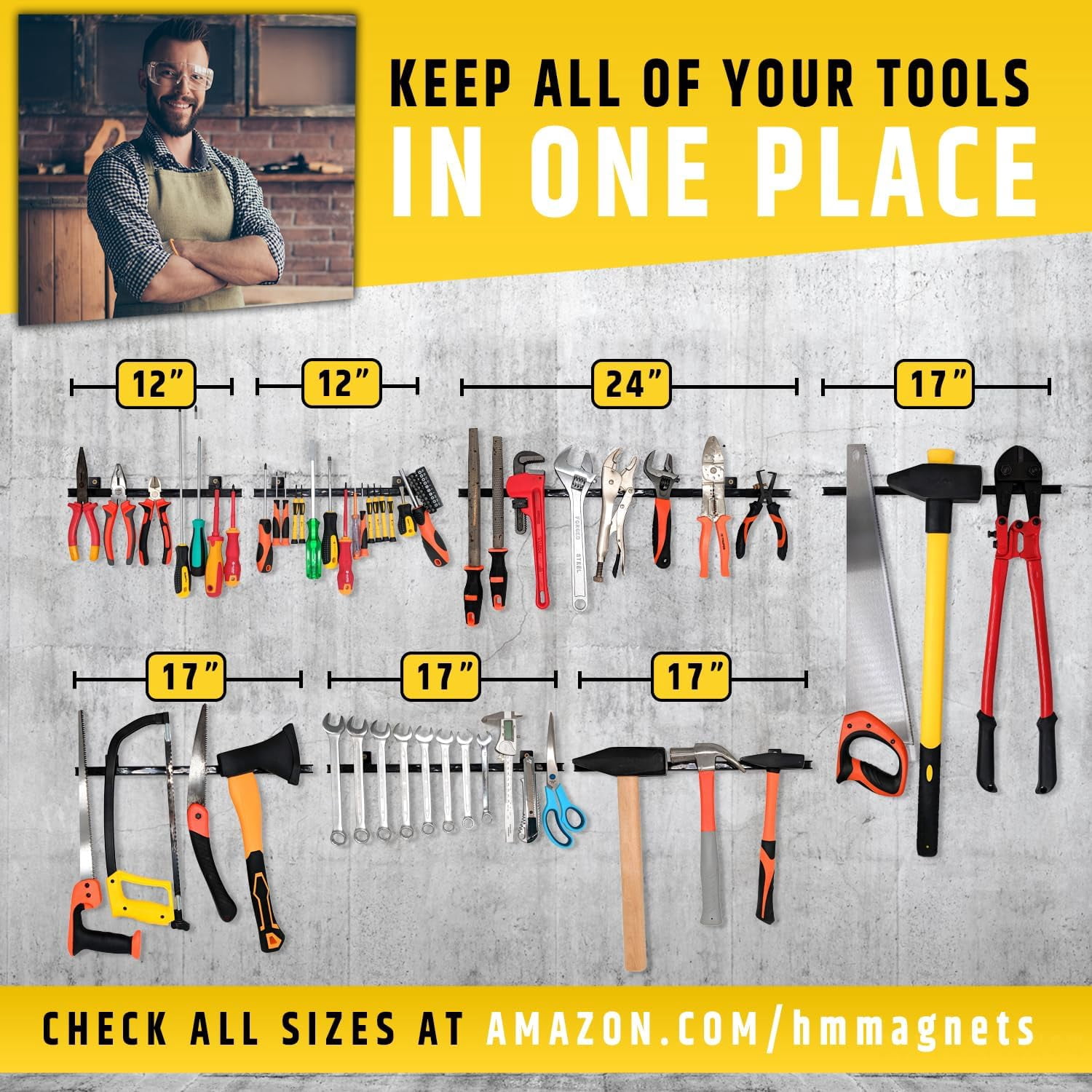 HMMAGNETS 17" Heavy-Duty Magnetic Tool Holder & Garage Tool Organizer, Steel Wall-Mount Magnet Bar
