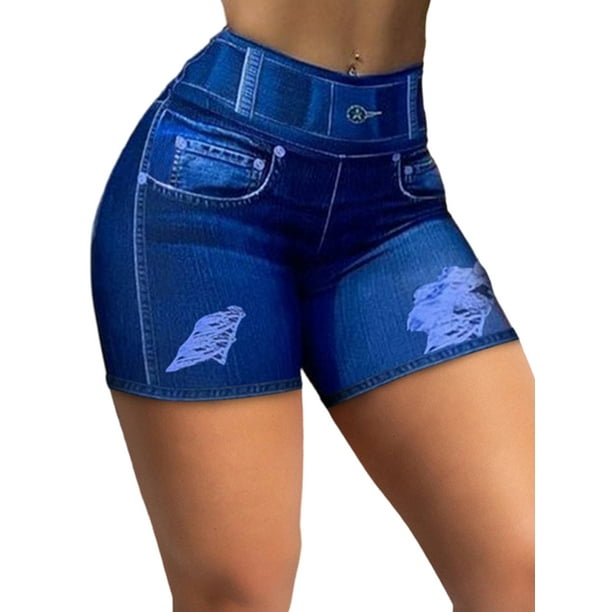 Fashnice Women Printed Denim Shorts High Waist Bermuda Short Leggings Tummy  Control Look Print Jeggings Slim Fit Sport Fake Jeans Deep Blue XL 