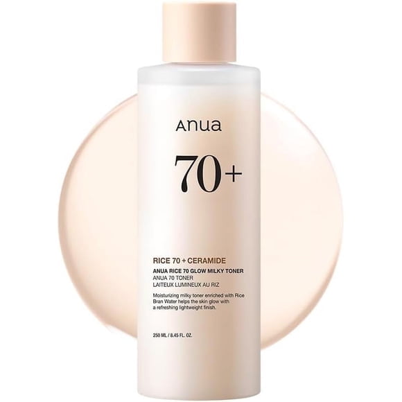 Anua Rice 70 Glow Tónico lechoso, piel cristalina y húmeda, cuidado hidratante y de barrera, agua de arroz, niacinamida 250 ml