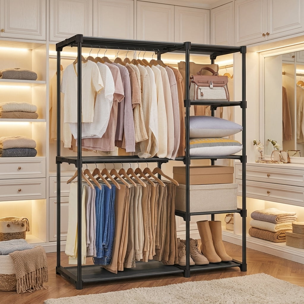 Ledrem Freestanding Closet Organizer with Hanging Rods & Shelves, Portable Wardrobe, Black