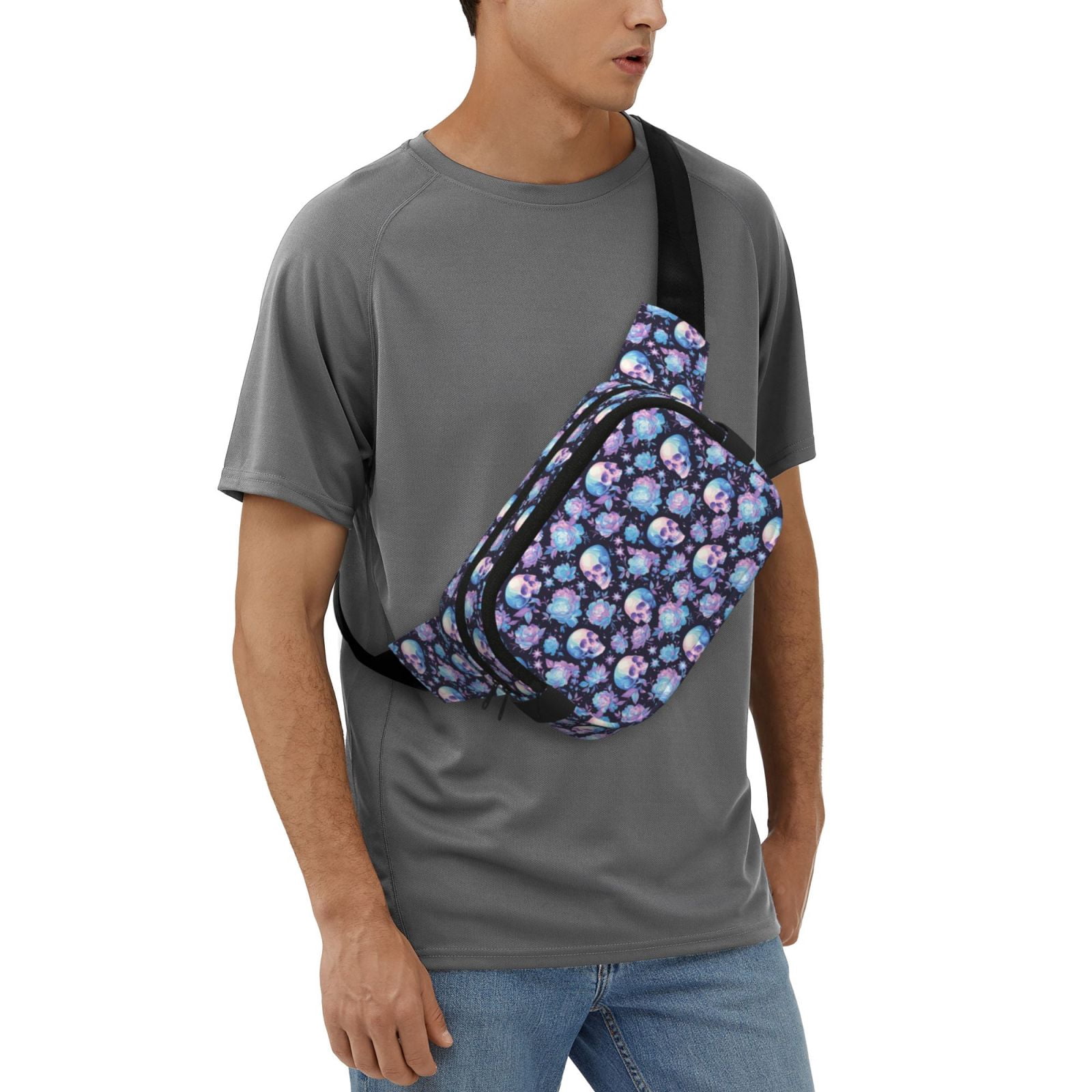 Picia flower Skull in starry sky Print Square Double-Layer Waist Bag Mini Adjustable Waist Belt Bag Exercise Running Travel Hiking