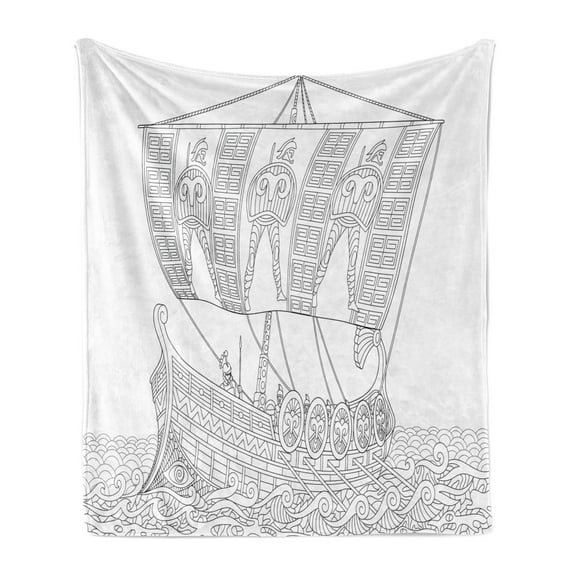 Retro Soft Flannel Fleece Throw Blanket, Greek Galley Cruising on Swirled Waves Doodle Illustration, Cozy Plush for Indoor and Outdoor Use, 50" x 60", Black White, by Ambesonne