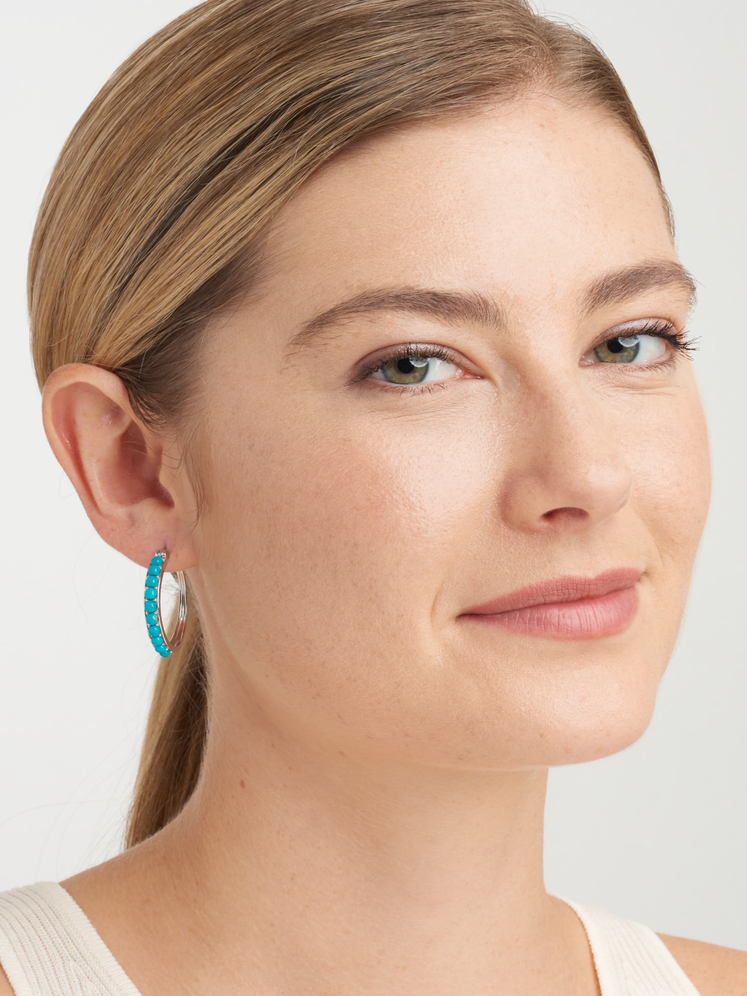 Forever Facets Women's Platinum over Sterling Silver Turquoise 3x2mm Hoop Earrings