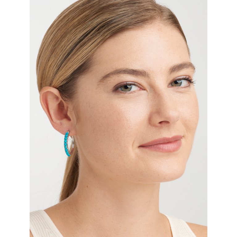 Forever Facets Women's Platinum over Sterling Silver Turquoise 3x2mm Hoop  Earrings