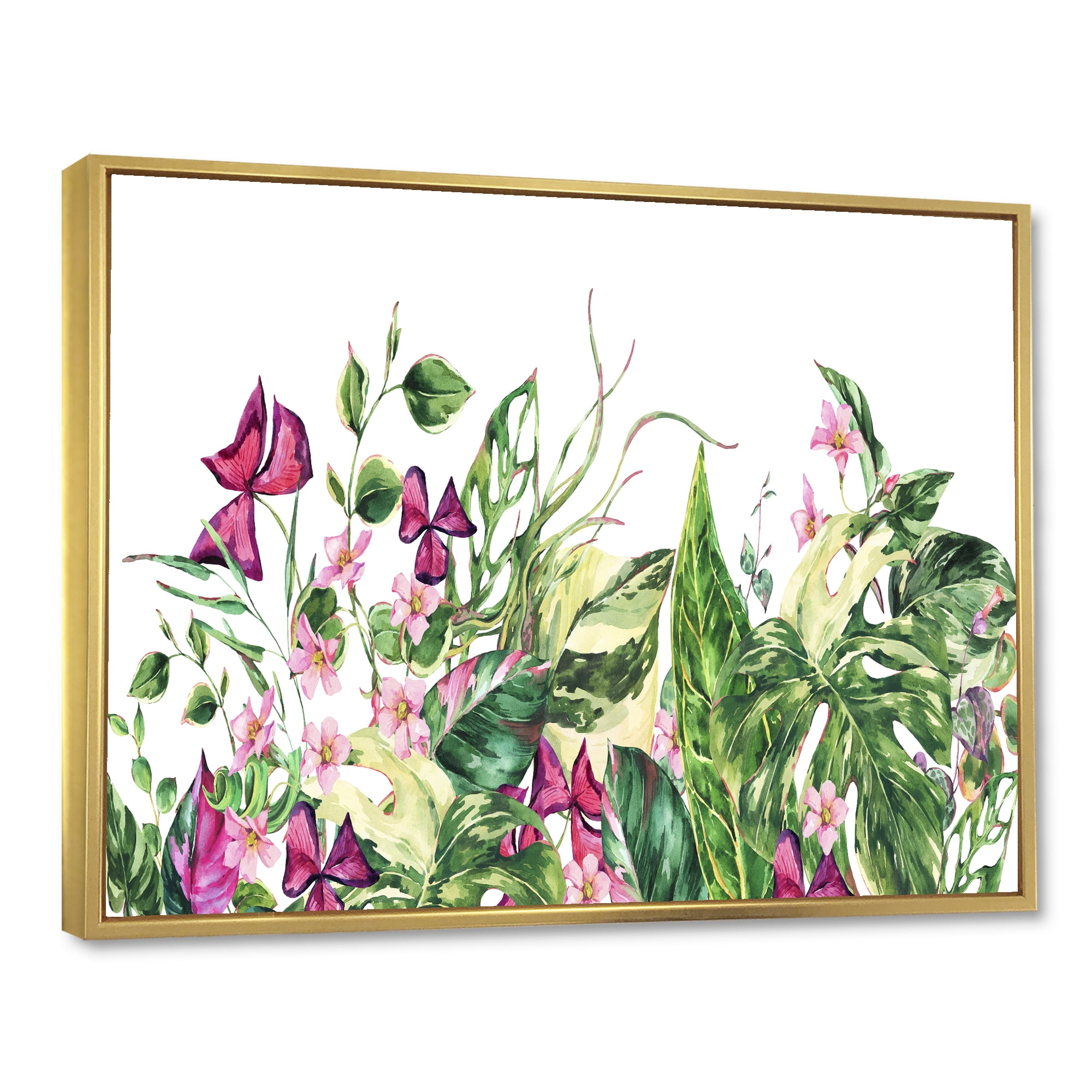 Designart 'Ancient Floral Tropical Leaves I' Tropical Framed Canvas Wall Art Print