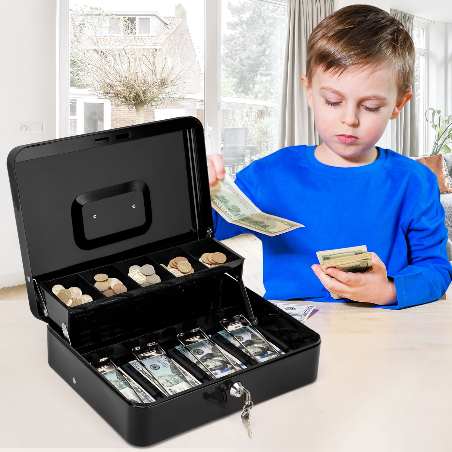 SkyAuks Piggy Bank, Cash Box with Money Tray and Key Lock to Secure Money, Jewelry, 11.8"x 9.5"x3.5", Black