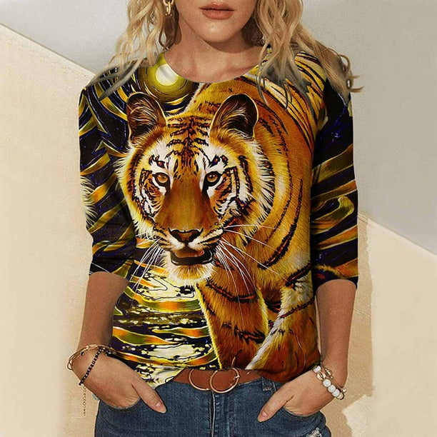 Blusa informal de manga larga con cuello redondo y estampado de