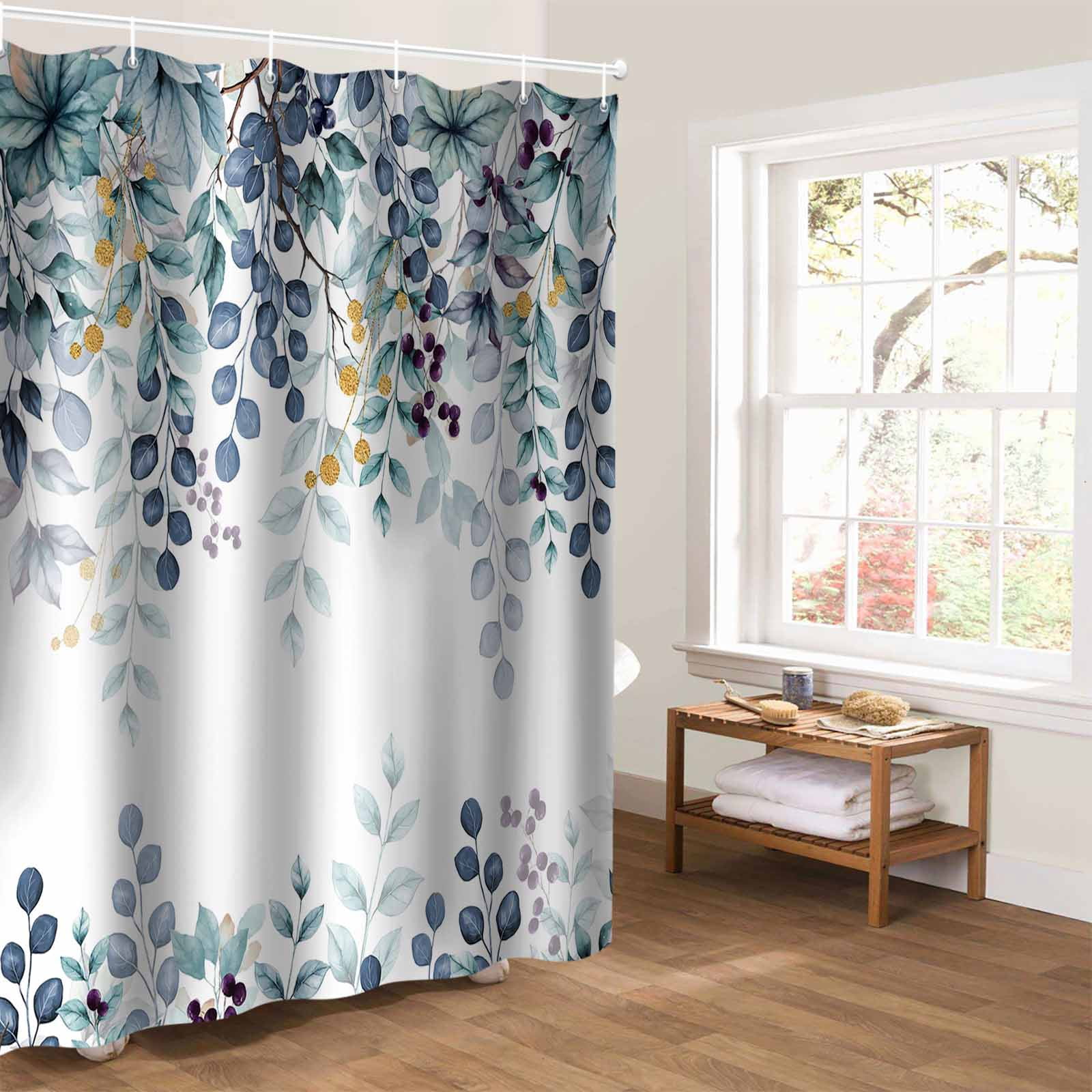 Eucalyptus Bathroom Curtain 78 Inch Shower Curtain with Hooks, Green Blue Branches Vintage Flower Plant Waterproof Polyester Bath Curtain Washable Bathtub Curtain 72''x 78''