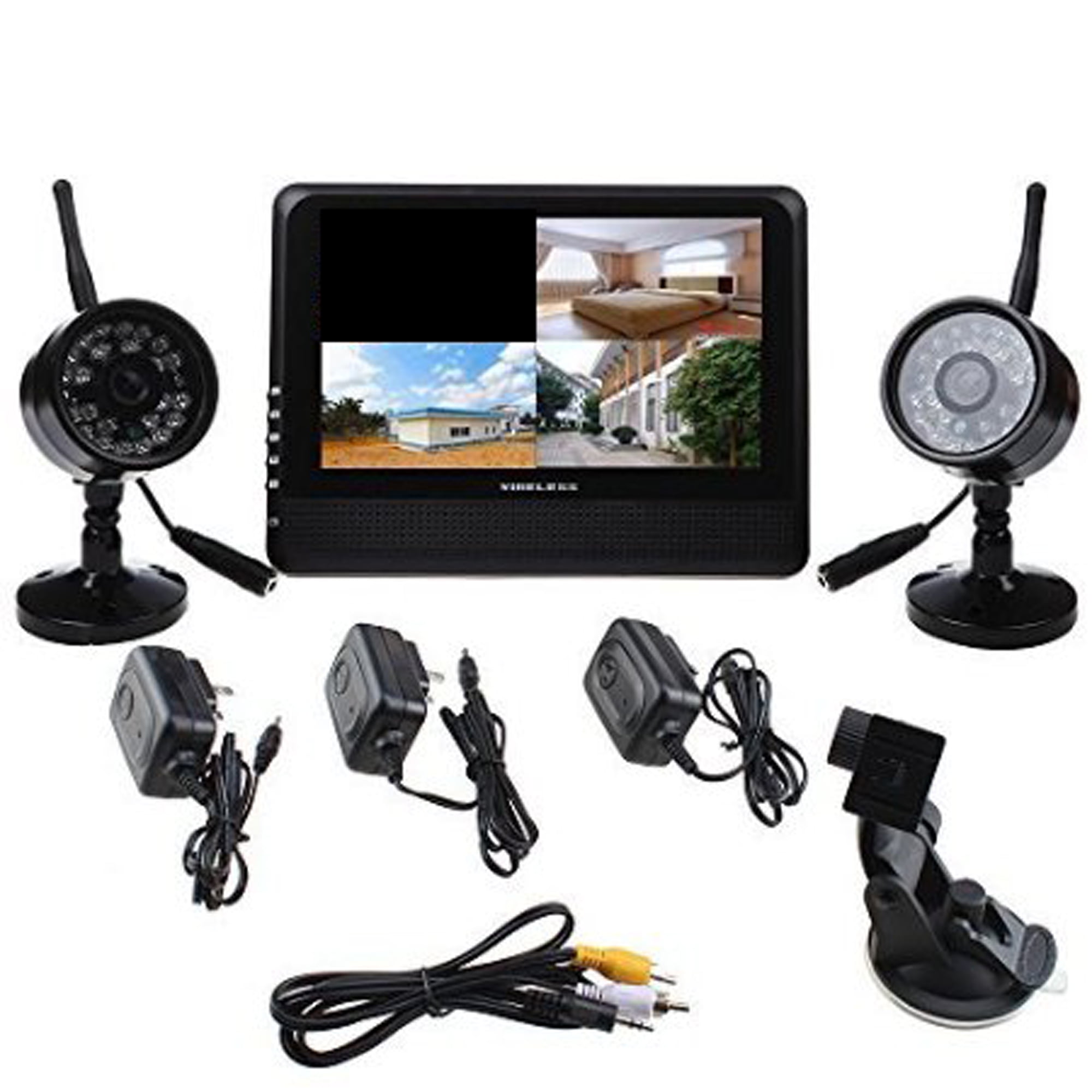Wireless 4CH Quad DVR 3 Cameras with 7" TFTLCD Monitor Home Security System