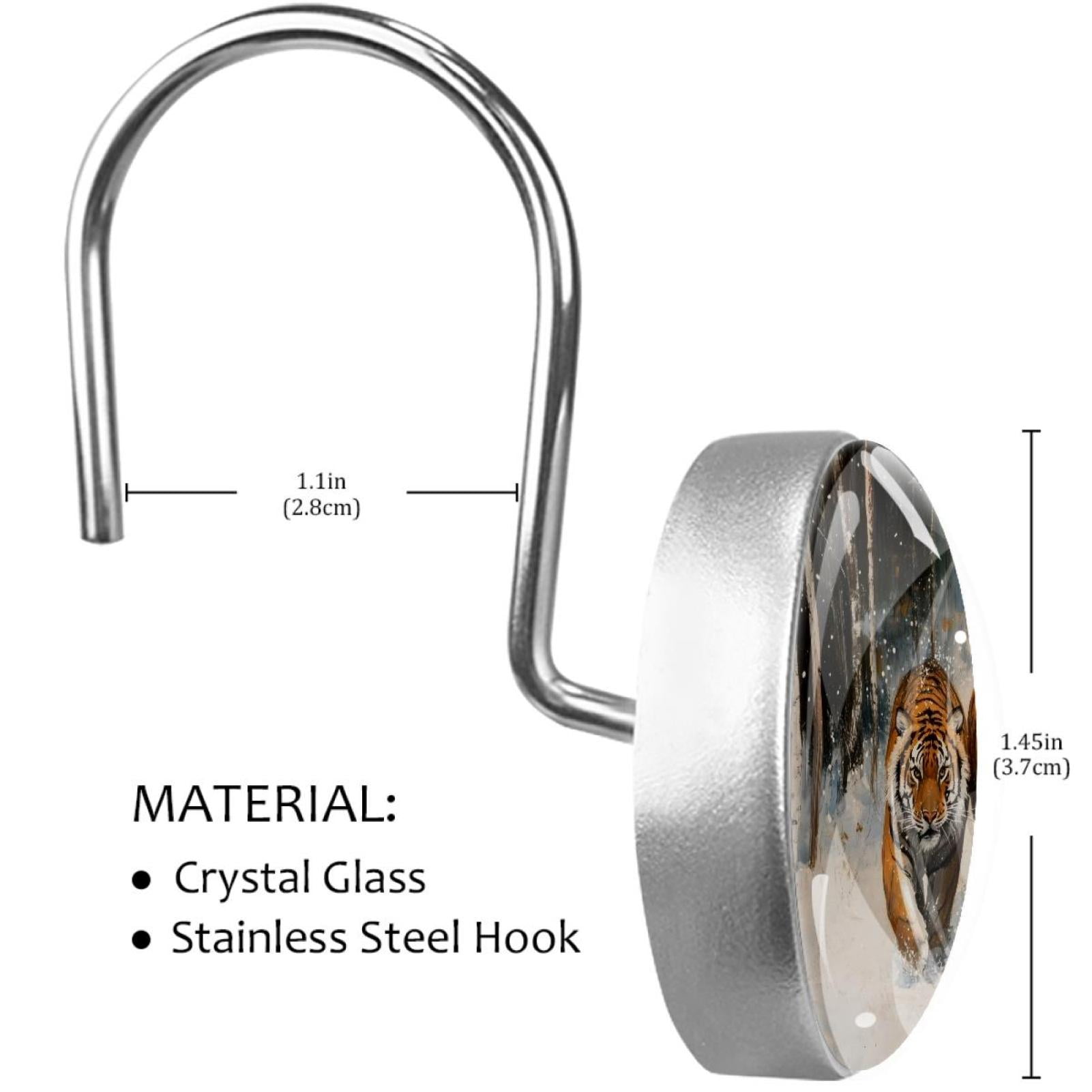 Tigers Walking on Snow Road Shower Curtain Hooks Round Crystal Glass, Set of 12 Shower Curtain Rings - Shower Hooks for Curtain Shower Rings