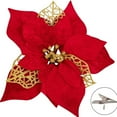 thumbnail image 2 of 20cm Red Velvet Gold Dust Christmas Floral Picks Artificial Poinsettia Stems for Tree Wreath Garland Home Decor, 2 of 9