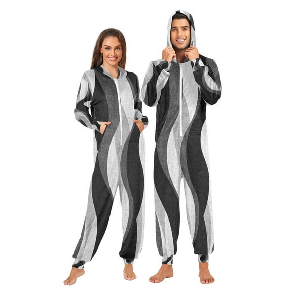Onesie Jumpsuits For Men&Women Winter One Piece Zipper Pajamas Playsuit Pattern Of Black and White