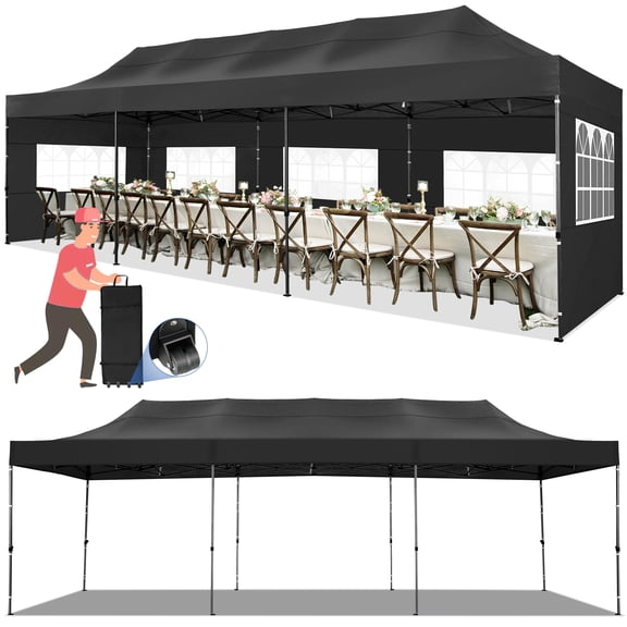 COBIZI 10'x30' Pop up Canopy,Party Tent Outdoor Event Instant Gazebo,Waterproof Commercial Heavy Duty Canopy for Events with 8 Sidewalls and 4 Sandbags,Wheeled Carry Bag,Black