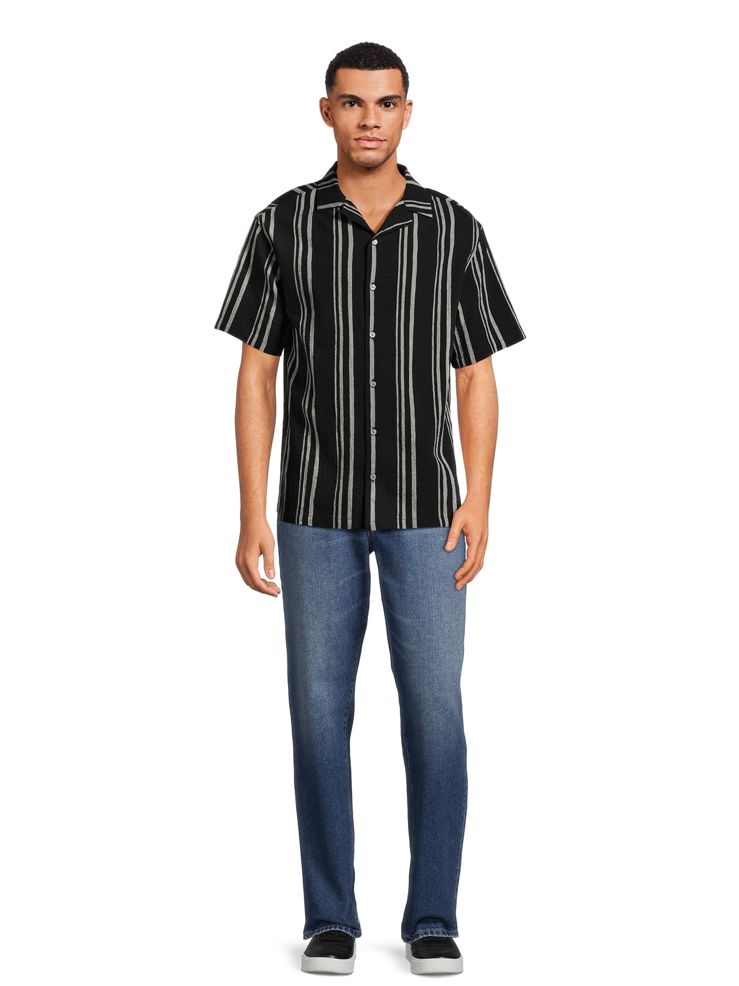 No Boundaries Men's and Big Men's Cotton Crinkle Button Front Shirt with Short Sleeves, Sizes XS-3XL