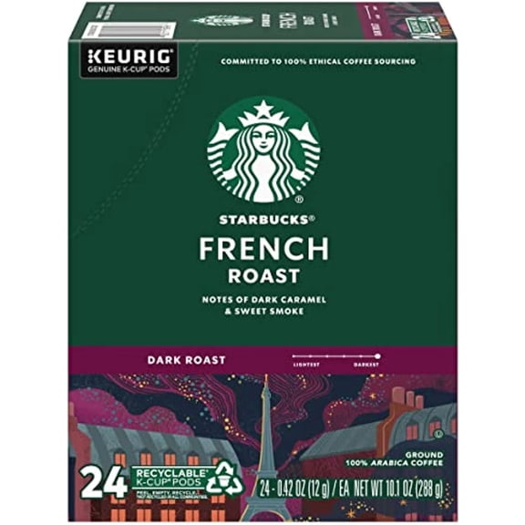 Starbucks Coffee K-Cup Pods, French Roast, Dark Roast Coffee, Notes Of Dark Caramel & Sweet Smoke, Keurig Genuine K-Cup Pods, 24 Ct K-Cups/Box (Pack Of 1 Box)