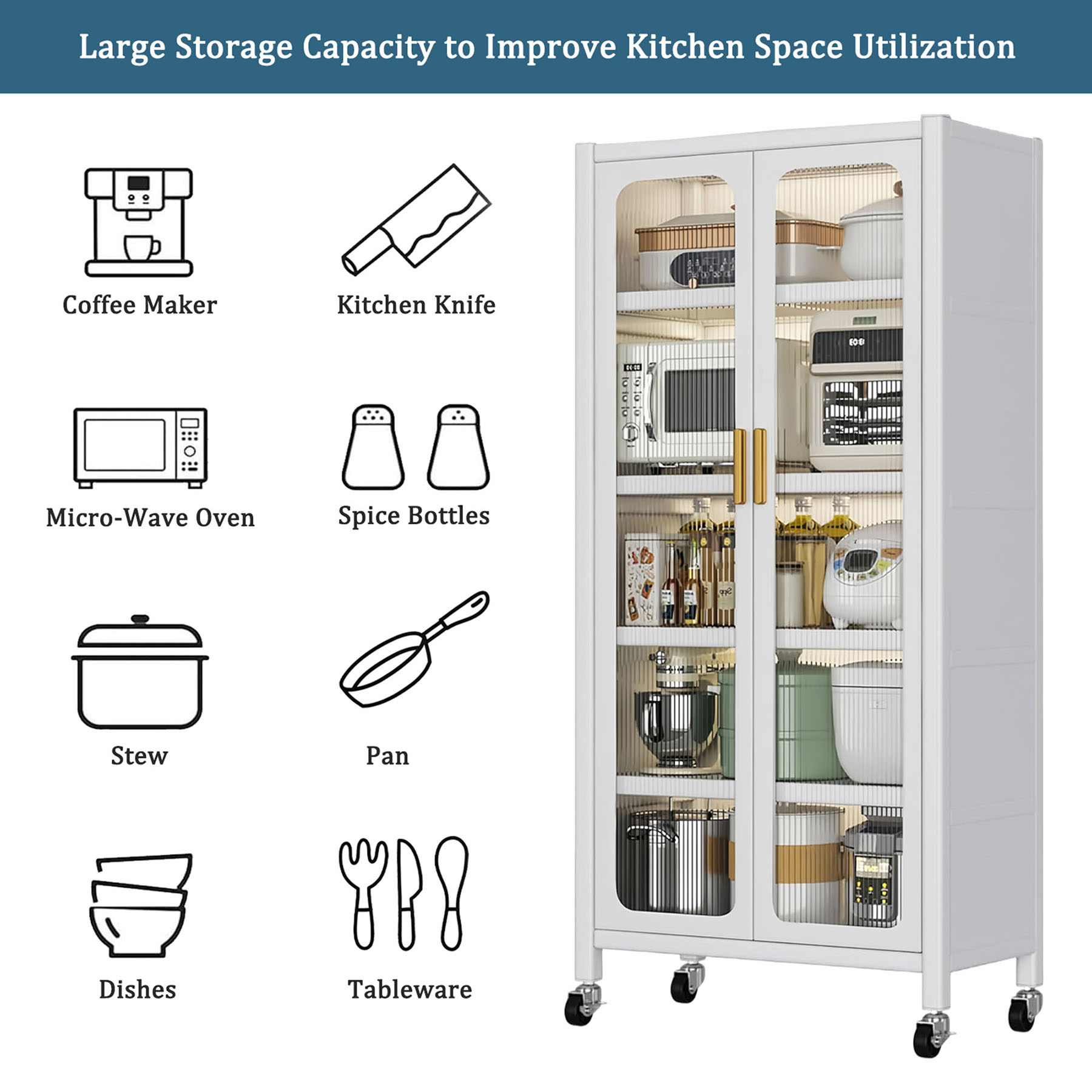 S-HOME 65 Inch Kitchen Pantry Storage Cabinet, White Metal Display Storage Cabinet with Wheels, Adjustable Shelves for Home