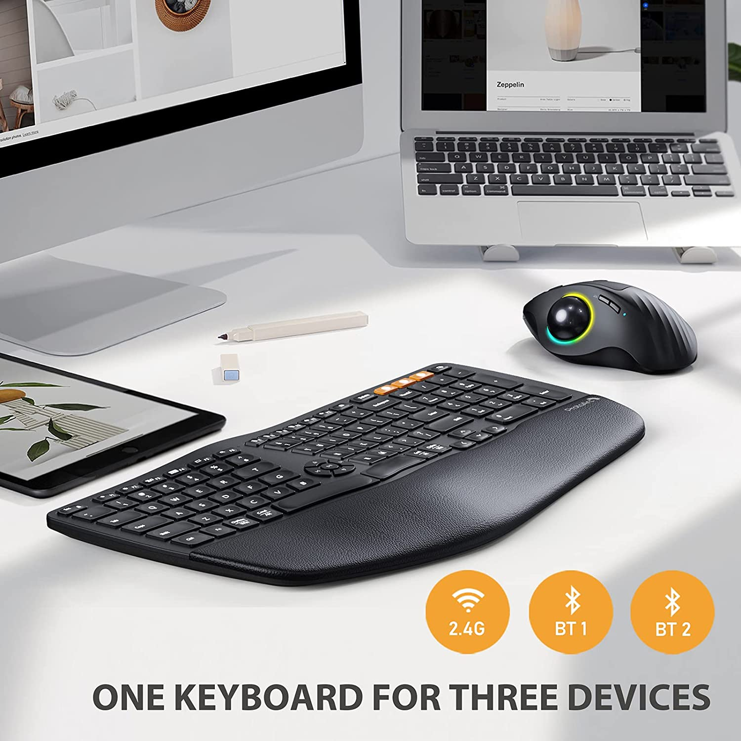 Backlit Wireless Ergonomic Keyboard, ProtoArc Ergo Split Bluetooth Keyboard with Wrist Rest, Rechargeable Silent Computer Keyboard, 3 Multi-Device - image 5 of 8