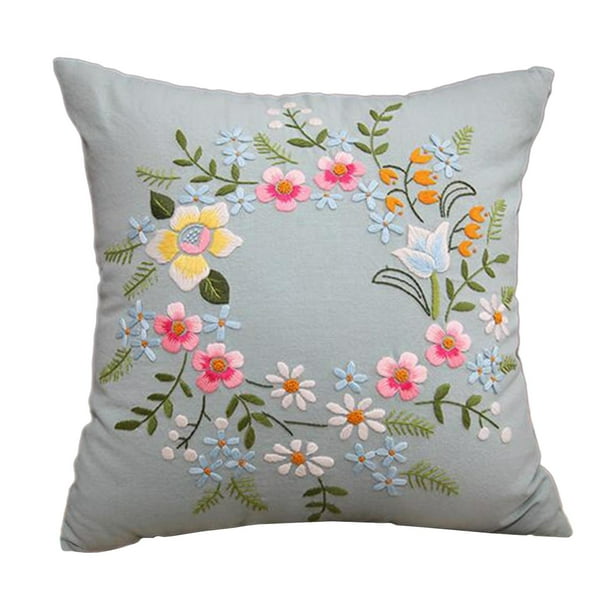 Kit de fundas de almohada bordadas DIY, decoración del hogar, patrón floral, punto de cruz hecho a mano azul claro
