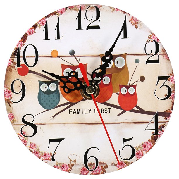 AVEKI 1Pc Antique Creative Vintage Owl Pattern Round Wooden Wall Clock